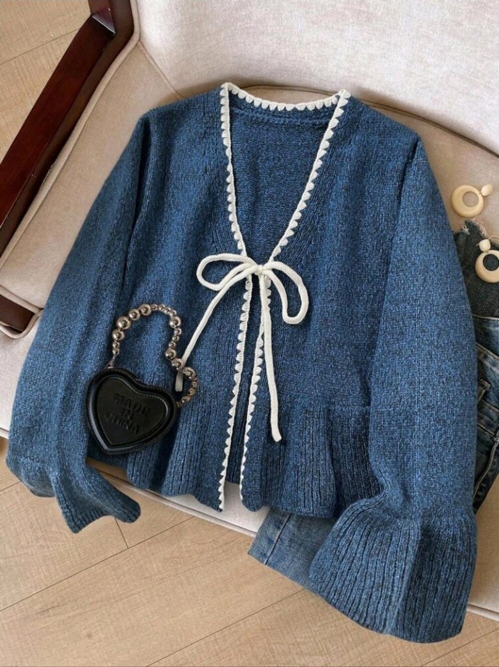 Women's Contrast Color Lace-Up Long Sleeve Cardigan Casual Blue